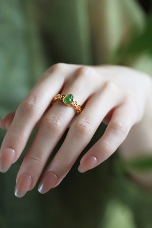 Chinese Style Jade Green Gourd Ring for Women, Gold-Plated Silver Coin Design, National Wind Wealth Attraction Accessory