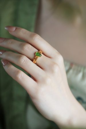 Chinese Style Jade Green Gourd Ring for Women, Gold-Plated Silver Coin Design, National Wind Wealth Attraction Accessory
