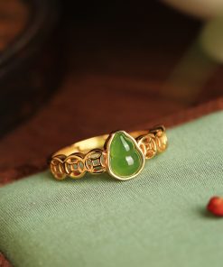 Chinese Style Jade Green Gourd Ring for Women, Gold-Plated Silver Coin Design, National Wind Wealth Attraction Accessory