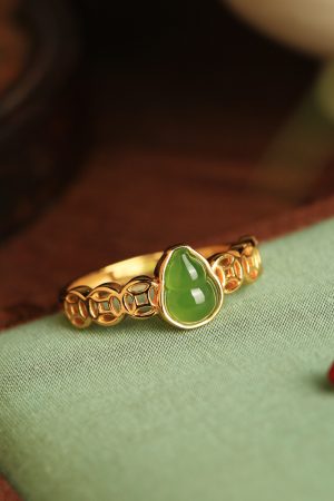 Chinese Style Jade Green Gourd Ring for Women, Gold-Plated Silver Coin Design, National Wind Wealth Attraction Accessory