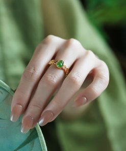 Chinese Style Jade Green Gourd Ring for Women, Gold-Plated Silver Coin Design, National Wind Wealth Attraction Accessory