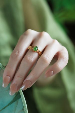 Chinese Style Jade Green Gourd Ring for Women, Gold-Plated Silver Coin Design, National Wind Wealth Attraction Accessory