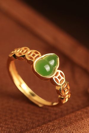 Chinese Style Jade Green Gourd Ring for Women, Gold-Plated Silver Coin Design, National Wind Wealth Attraction Accessory