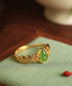Chinese Style Jade Green Gourd Ring for Women, Gold-Plated Silver Coin Design, National Wind Wealth Attraction Accessory