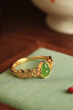 Chinese Style Jade Green Gourd Ring for Women, Gold-Plated Silver Coin Design, National Wind Wealth Attraction Accessory