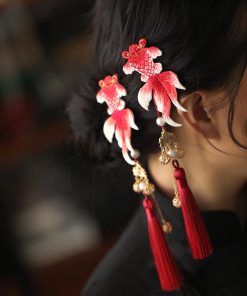 Chinese Style Koi Girl Hair Clip with Tassels - Red Embroidery Ancient Hanfu Side Clip for Kids, Perfect for New Year Celebrations