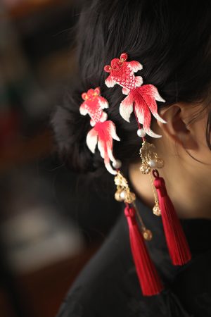Chinese Style Koi Girl Hair Clip with Tassels - Red Embroidery Ancient Hanfu Side Clip for Kids, Perfect for New Year Celebrations