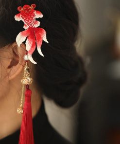 Chinese Style Koi Girl Hair Clip with Tassels - Red Embroidery Ancient Hanfu Side Clip for Kids, Perfect for New Year Celebrations