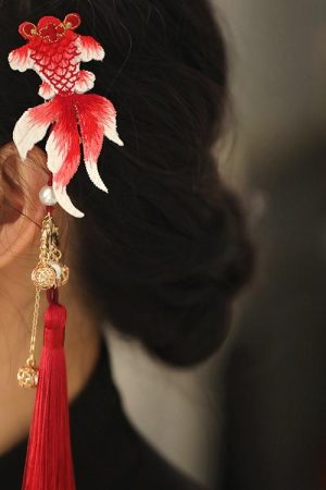 Chinese Style Koi Girl Hair Clip with Tassels - Red Embroidery Ancient Hanfu Side Clip for Kids, Perfect for New Year Celebrations