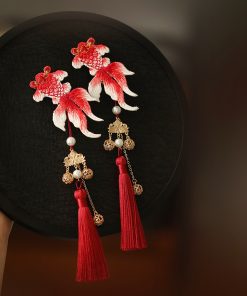 Chinese Style Koi Girl Hair Clip with Tassels - Red Embroidery Ancient Hanfu Side Clip for Kids, Perfect for New Year Celebrations