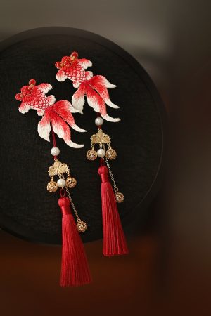 Chinese Style Koi Girl Hair Clip with Tassels - Red Embroidery Ancient Hanfu Side Clip for Kids, Perfect for New Year Celebrations