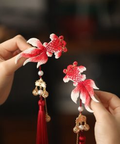 Chinese Style Koi Girl Hair Clip with Tassels - Red Embroidery Ancient Hanfu Side Clip for Kids, Perfect for New Year Celebrations