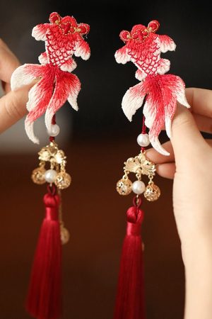 Chinese Style Koi Girl Hair Clip with Tassels - Red Embroidery Ancient Hanfu Side Clip for Kids, Perfect for New Year Celebrations