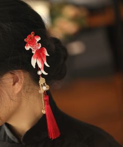 Chinese Style Koi Girl Hair Clip with Tassels - Red Embroidery Ancient Hanfu Side Clip for Kids, Perfect for New Year Celebrations