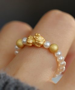 Chinese Style Matte Gold Pixiu Pearl Ring for Women - Wealth-Attracting Mythical Beast Jewelry, 2025 National Trend