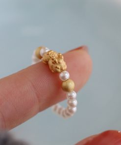 Chinese Style Matte Gold Pixiu Pearl Ring for Women - Wealth-Attracting Mythical Beast Jewelry, 2025 National Trend