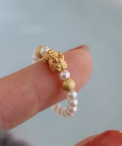 Chinese Style Matte Gold Pixiu Pearl Ring for Women - Wealth-Attracting Mythical Beast Jewelry, 2025 National Trend