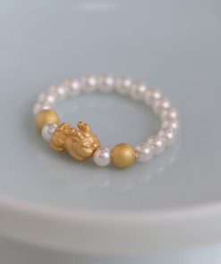 Chinese Style Matte Gold Pixiu Pearl Ring for Women - Wealth-Attracting Mythical Beast Jewelry, 2025 National Trend
