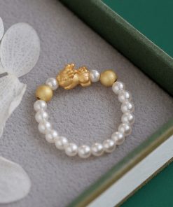 Chinese Style Matte Gold Pixiu Pearl Ring for Women - Wealth-Attracting Mythical Beast Jewelry, 2025 National Trend