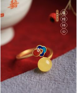 Chinese Style Natural Beeswax Amber and Jade Fortune Bead Ring for Women, Gold Plated Silver, National Wind Enamel Jewelry