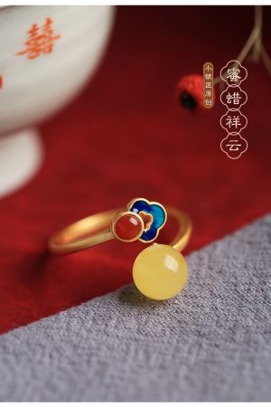 Chinese Style Natural Beeswax Amber and Jade Fortune Bead Ring for Women, Gold Plated Silver, National Wind Enamel Jewelry