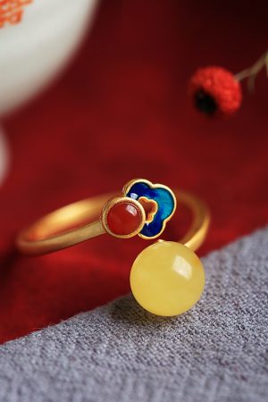 Chinese Style Natural Beeswax Amber and Jade Fortune Bead Ring for Women, Gold Plated Silver, National Wind Enamel Jewelry