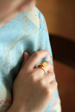 Chinese Style Natural Beeswax Amber and Jade Fortune Bead Ring for Women, Gold Plated Silver, National Wind Enamel Jewelry