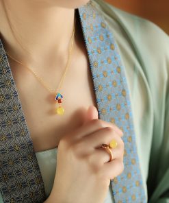 Chinese Style Natural Beeswax Amber and Jade Fortune Bead Ring for Women, Gold Plated Silver, National Wind Enamel Jewelry