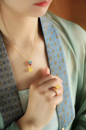 Chinese Style Natural Beeswax Amber and Jade Fortune Bead Ring for Women, Gold Plated Silver, National Wind Enamel Jewelry