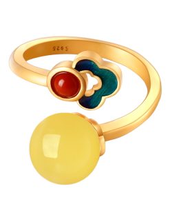 Chinese Style Natural Beeswax Amber and Jade Fortune Bead Ring for Women, Gold Plated Silver, National Wind Enamel Jewelry