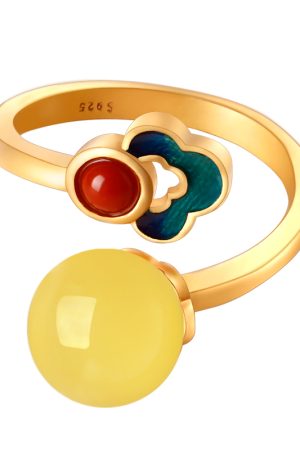 Chinese Style Natural Beeswax Amber and Jade Fortune Bead Ring for Women, Gold Plated Silver, National Wind Enamel Jewelry