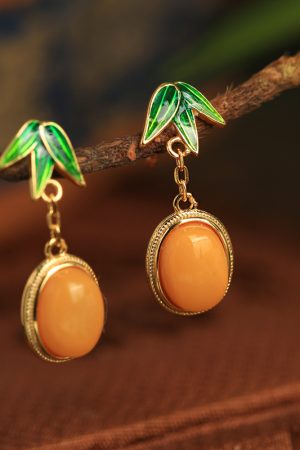 Chinese Style Natural Beeswax Silver Earrings with Bamboo Leaf Enamel, Yellow Jade & Gold Inlaid, Elegant Ear Pendants for Women