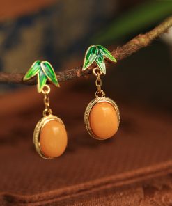 Chinese Style Natural Beeswax Silver Earrings with Bamboo Leaf Enamel, Yellow Jade & Gold Inlaid, Elegant Ear Pendants for Women
