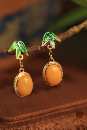Chinese Style Natural Beeswax Silver Earrings with Bamboo Leaf Enamel, Yellow Jade & Gold Inlaid, Elegant Ear Pendants for Women