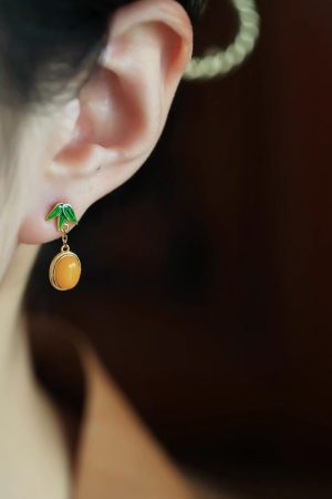 Chinese Style Natural Beeswax Silver Earrings with Bamboo Leaf Enamel, Yellow Jade & Gold Inlaid, Elegant Ear Pendants for Women