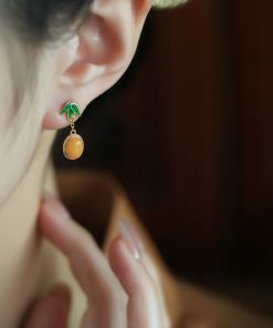 Chinese Style Natural Beeswax Silver Earrings with Bamboo Leaf Enamel, Yellow Jade & Gold Inlaid, Elegant Ear Pendants for Women