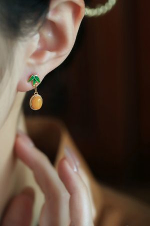 Chinese Style Natural Beeswax Silver Earrings with Bamboo Leaf Enamel, Yellow Jade & Gold Inlaid, Elegant Ear Pendants for Women