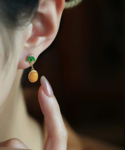 Chinese Style Natural Beeswax Silver Earrings with Bamboo Leaf Enamel, Yellow Jade & Gold Inlaid, Elegant Ear Pendants for Women