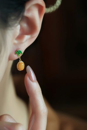 Chinese Style Natural Beeswax Silver Earrings with Bamboo Leaf Enamel, Yellow Jade & Gold Inlaid, Elegant Ear Pendants for Women