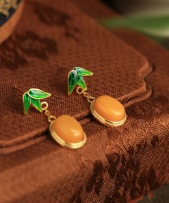 Chinese Style Natural Beeswax Silver Earrings with Bamboo Leaf Enamel, Yellow Jade & Gold Inlaid, Elegant Ear Pendants for Women