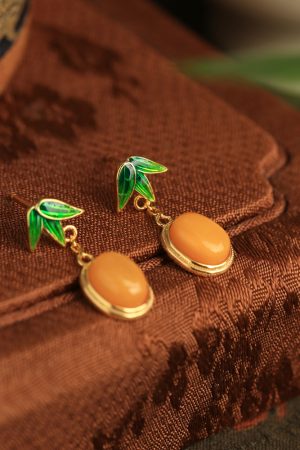 Chinese Style Natural Beeswax Silver Earrings with Bamboo Leaf Enamel, Yellow Jade & Gold Inlaid, Elegant Ear Pendants for Women