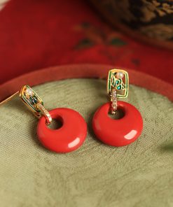 Chinese Style Natural Cinnabar Peace Buckle Silver Earrings for Women, Retro Red Metaphysical Wealth-Enhancing Ear Drops