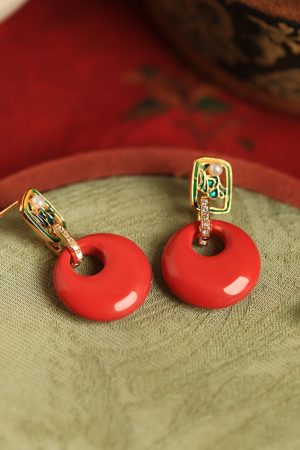 Chinese Style Natural Cinnabar Peace Buckle Silver Earrings for Women, Retro Red Metaphysical Wealth-Enhancing Ear Drops