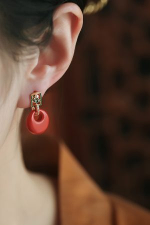 Chinese Style Natural Cinnabar Peace Buckle Silver Earrings for Women, Retro Red Metaphysical Wealth-Enhancing Ear Drops