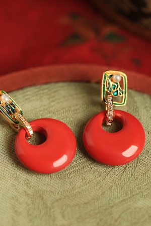 Chinese Style Natural Cinnabar Peace Buckle Silver Earrings for Women, Retro Red Metaphysical Wealth-Enhancing Ear Drops
