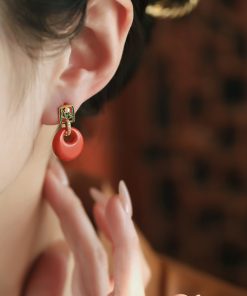 Chinese Style Natural Cinnabar Peace Buckle Silver Earrings for Women, Retro Red Metaphysical Wealth-Enhancing Ear Drops