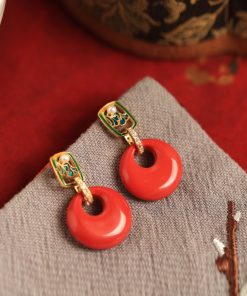 Chinese Style Natural Cinnabar Peace Buckle Silver Earrings for Women, Retro Red Metaphysical Wealth-Enhancing Ear Drops