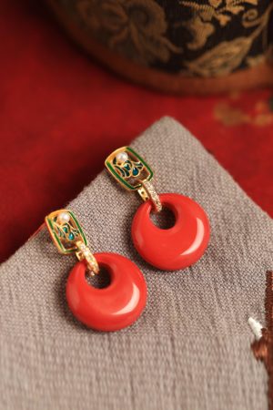 Chinese Style Natural Cinnabar Peace Buckle Silver Earrings for Women, Retro Red Metaphysical Wealth-Enhancing Ear Drops