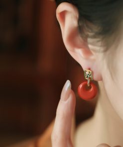 Chinese Style Natural Cinnabar Peace Buckle Silver Earrings for Women, Retro Red Metaphysical Wealth-Enhancing Ear Drops