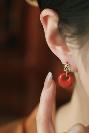 Chinese Style Natural Cinnabar Peace Buckle Silver Earrings for Women, Retro Red Metaphysical Wealth-Enhancing Ear Drops